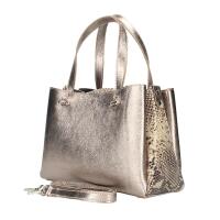 Made in Italy DAMEN LEDERTASCHE Shopper Schultertasche Handtasche Umhängetasche Metallic Python Muster Gold
