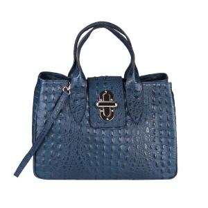 OBC Made in Italy Damen Echt Leder Tasche Kroko-Prägung Business Shopper Aktentasche Schultertasche Handtasche Ledertasche Umhängetasche Tote Bag Blau (Kroko-Prägung)