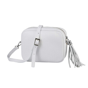 Made in Italy DAMEN LEDER TASCHE Umhängetasche Schultertasche Beuteltasche Cross-Over Crossbody Bag Glattleder Schmucktasche Fransen Ledertasche Weiß