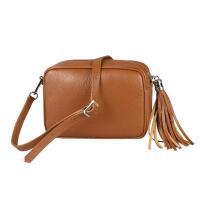 Made in Italy DAMEN LEDER TASCHE Umhängetasche Schultertasche Beuteltasche Cross-Over Crossbody Bag Glattleder Schmucktasche Fransen Ledertasche Cognac