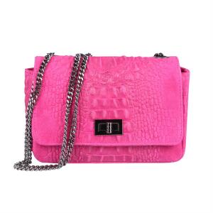 Made in Italy Damen Leder Tasche Kroko-Prägung Kette Henkeltasche Clutch Wildleder Handtasche Ledertasche Schultertasche Pink