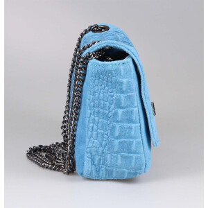 Made in Italy Damen Leder Tasche Kroko-Prägung Kette Henkeltasche Clutch Wildleder Handtasche Ledertasche Schultertasche Blau