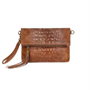 Made in Italy DAMEN echt LEDER Clutch TASCHE Kroko Wildleder Handtasche Umhängetasche Ledertasche Schultertasche Fransen Cross-Over Braun