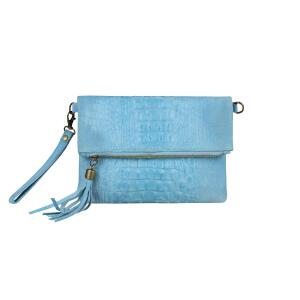 Made in Italy DAMEN echt LEDER Clutch TASCHE Kroko Wildleder Handtasche Umhängetasche Ledertasche Schultertasche Fransen Cross-Over Hellblau