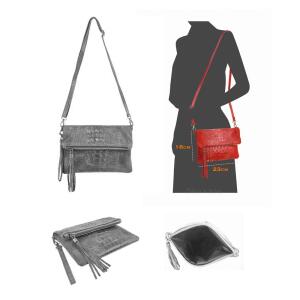 Made in Italy DAMEN echt LEDER Clutch TASCHE Kroko Wildleder Handtasche Umhängetasche Ledertasche Schultertasche Fransen Cross-Over Hellblau
