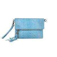 Made in Italy DAMEN echt LEDER Clutch TASCHE Kroko Wildleder Handtasche Umhängetasche Ledertasche Schultertasche Fransen Cross-Over Hellblau