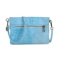 Made in Italy DAMEN echt LEDER Clutch TASCHE Kroko Wildleder Handtasche Umhängetasche Ledertasche Schultertasche Fransen Cross-Over Hellblau