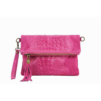 OBC Made in Italy DAMEN echt LEDER Clutch TASCHE Kroko Wildleder Handtasche Umhängetasche Ledertasche Schultertasche Fransen Cross-Over Pink