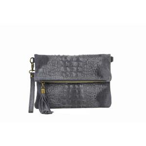Made in Italy DAMEN echt LEDER Clutch TASCHE Kroko Wildleder Handtasche Umhängetasche Ledertasche Schultertasche Fransen Cross-Over Dunkelgrau