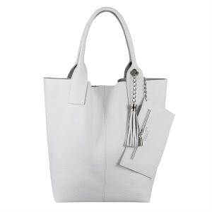 OBC Made in Italy Damen XXL Leder Tasche + Schmucktasche Shopper Schultertasche Fransen Umhängetasche Quaste Kette DIN-A4 Tote Bag Weiß