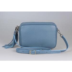 Made in Italy DAMEN LEDER TASCHE Umhängetasche Schultertasche Cross-Over Crossbody Bag Glattleder Schmucktasche Fransen Ledertasche Jeansblau