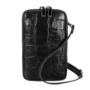 Made in Italy Damen Leder Handytasche Kroko Smartphone Tasche Umhängetasche Schultertasche Minibag Geldtasche Ledertasche Crossbody Abendtasche Schwarz-Kroko