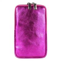 OBC Made in Italy Damen Leder Smartphone Tasche Umhängetasche Schultertasche Handytasche Minibag Geldtasche Ledertasche Crossbody Abendtasche Pink-Metallic