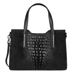 MADE IN ITALY DAMEN Echt LEDER TASCHE KROKO-Prägung Business Shopper Schultertasche Handtasche Ledertasche Umhängetasche Wildleder Schwarz