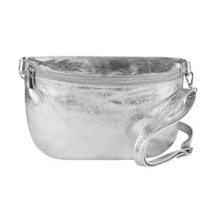 Made in Italy Damen Leder Tasche Gürteltasche Crossbody Hüfttasche Bauchtasche Umhängetasche Cross-Over Bodybag Schultertasche Handytasche Schminktasche Kosmetiktasche 1054 Silber