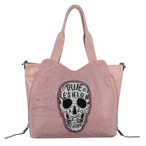 XXL Damen Totenkopf Tasche Handtasche Skulls Shopper Beuteltasche Schultertasche Umhängetache Reisetasche Weekender Schädel Gothic Bag Rosa