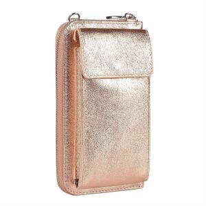 Made in Italy Damen Leder Handytasche Tasche Umhängetasche Geldbörse Schultertasche Brieftasche Smartphone Geldtasche Ledertasche Crossbody Abendtasche Handy bis 6,5 Zoll Rosegold