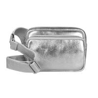 Made in Italy Damen Leder Tasche Crossbody Metallic Hüfttasche Bauchtasche Umhängetasche Bodybag Schultertasche Handytasche Gürteltasche Silber