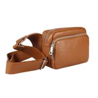 Made in Italy Damen Leder Tasche Crossbody Metallic Hüfttasche Bauchtasche Umhängetasche Bodybag Schultertasche Handytasche Gürteltasche Cognac