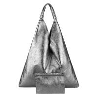 OBC Made in Italy Damen XXL Leder Tasche Handtasche Shopper Schultertasche Grau (Metallic) 45x30x8 cm