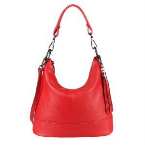 OBC Made in Italy Damen Leder Tasche Umhängetasche Shopper Schultertasche Handtasche Crossbody City Bag Crossover Ledertasche Damentasche Fransen Rot
