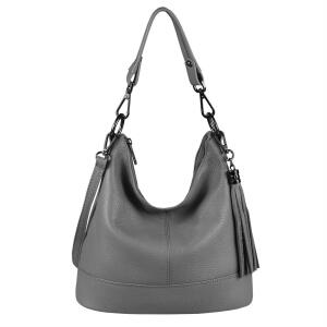 Made in Italy Damen Leder Tasche Umhängetasche Shopper Schultertasche Handtasche Crossbody City Bag Crossover Ledertasche Damentasche Fransen Dunkelgrau