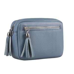 Made in Italy DAMEN LEDER TASCHE Umhängetasche Schultertasche Beuteltasche Cross-Over Cross Bag Glattleder Schmucktasche Fransen Ledertasche Jeansblau