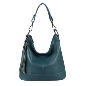 Made in Italy Damen Leder Tasche Umhängetasche Shopper Schultertasche Handtasche Crossbody Hobo Bag Crossover Ledertasche Damentasche Fransen Petrol
