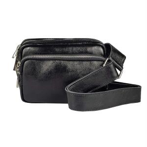 Made in Italy Damen Leder Tasche Crossbody Metallic Hüfttasche Bauchtasche Umhängetasche Bodybag Schultertasche Handytasche Gürteltasche Schwarz (Metallic)
