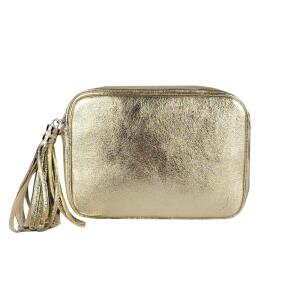 Made in Italy DAMEN LEDER TASCHE Umhängetasche Schultertasche Cross-Over Crossbody Bag Glattleder Schmucktasche Fransen Ledertasche Gold