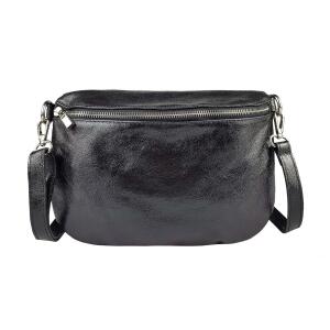 Made in Italy Damen Leder Tasche Gürteltasche Crossbody Hüfttasche Bauchtasche Umhängetasche Cross-Over Bodybag Schultertasche Handytasche Schminktasche Kosmetiktasche 1054 Schwarz (Metallic)