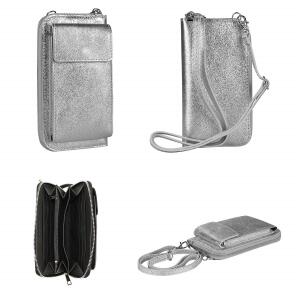 Made in Italy Damen Leder Handytasche Tasche Umhängetasche Geldbörse Schultertasche Brieftasche Smartphone Geldtasche Ledertasche Crossbody Abendtasche Handy bis 6,5 Zoll Grau